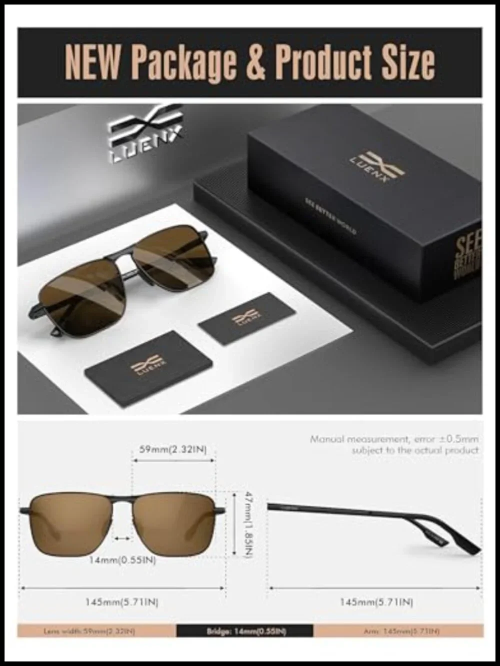 Rectangular Polarized Aviator Sunglasses with Spring Hinge UV400 Protection